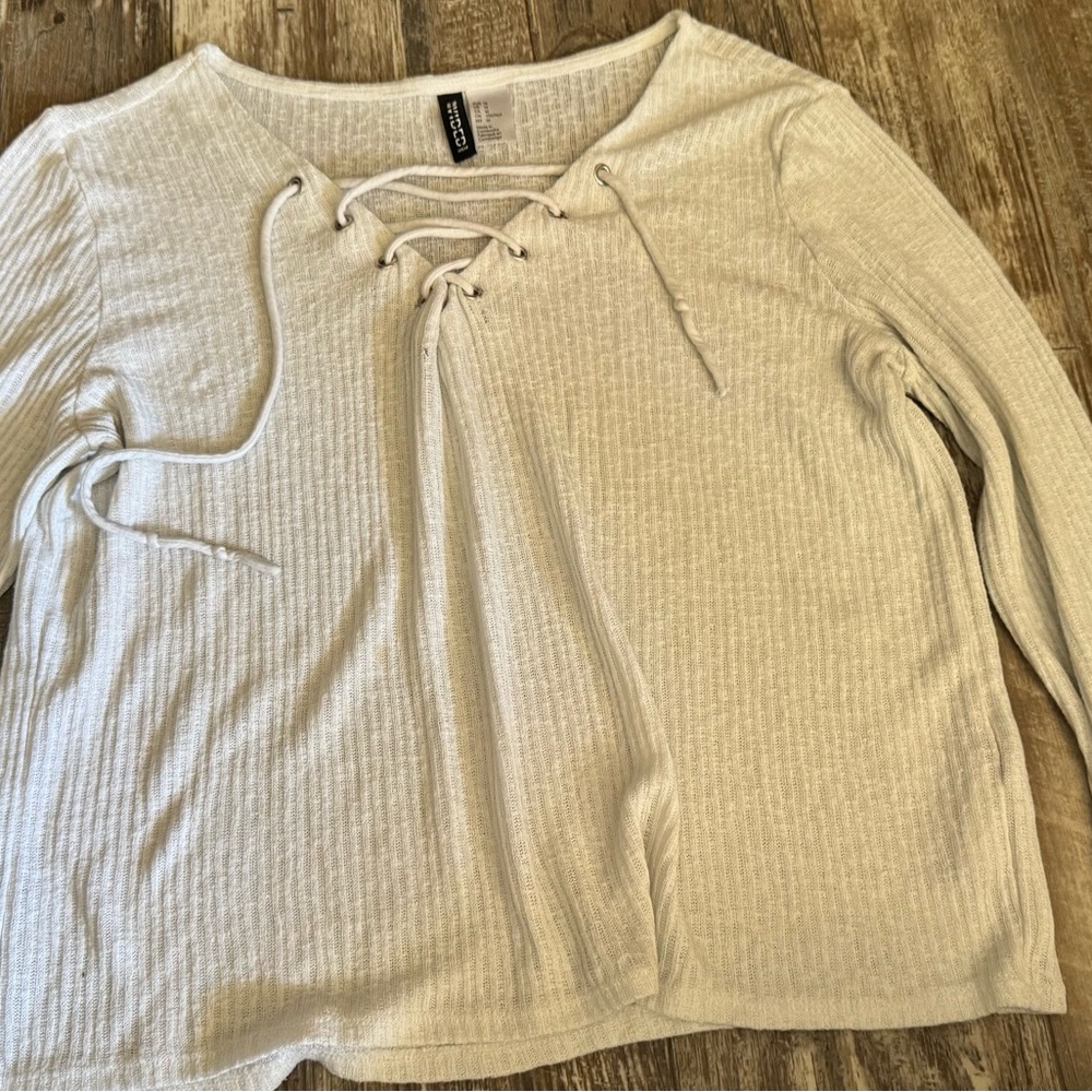 Cozy Ribbed Lace-Up Blouse - Cream